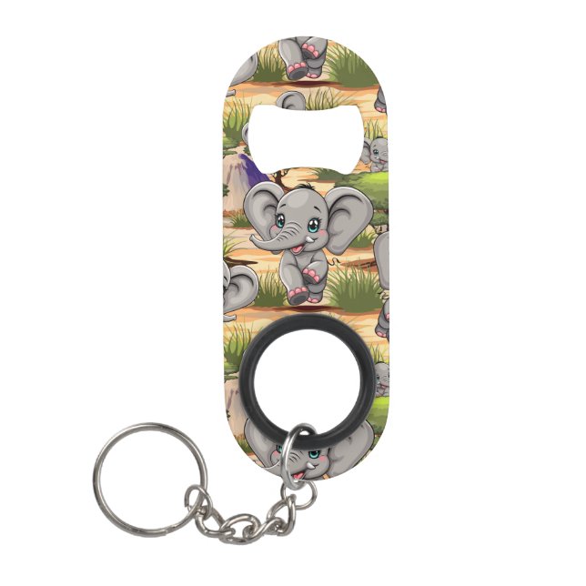 Elephant Baby Jumping Happy in African Savannah Keychain Bottle Opener (Front)
