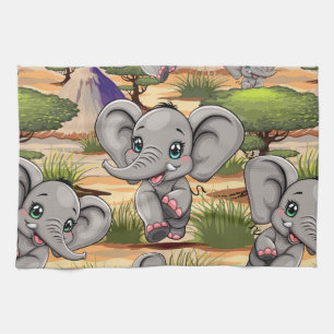 Elephant Baby Jumping Happy in African Savannah Kitchen Towel