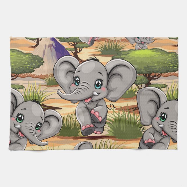 Elephant Baby Jumping Happy in African Savannah Kitchen Towel (Horizontal)