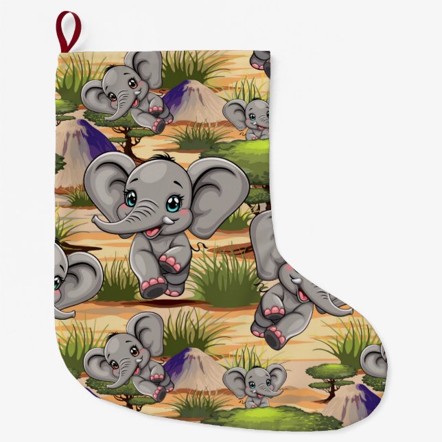 Elephant Baby Jumping Happy in African Savannah Large Christmas Stocking (Front)