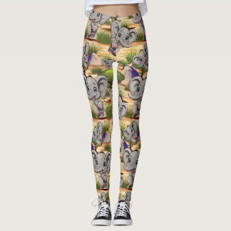 Elephant Baby Jumping Happy in African Savannah Leggings