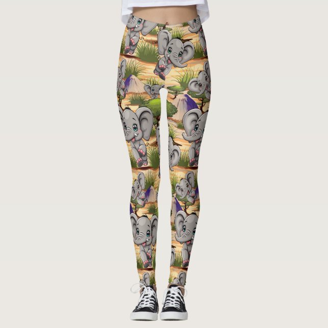 Elephant Baby Jumping Happy in African Savannah Leggings (Front)