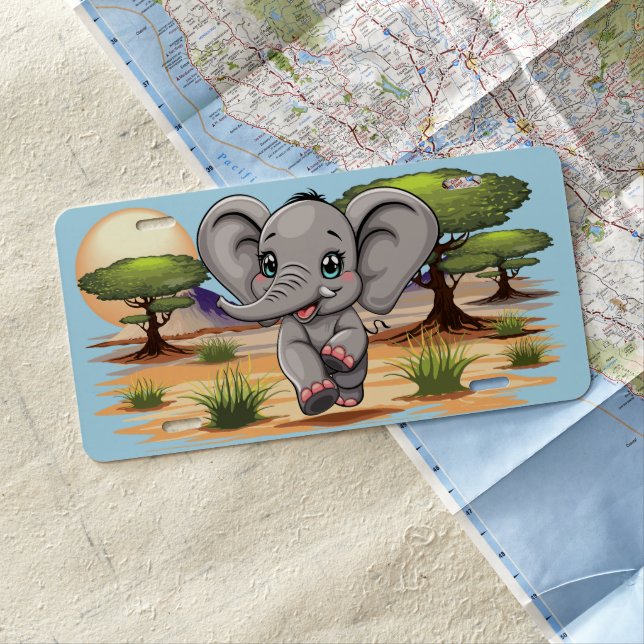 Elephant Baby Jumping Happy in African Savannah License Plate (In Situ)