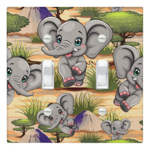 Elephant Baby Jumping Happy in African Savannah Light Switch Cover