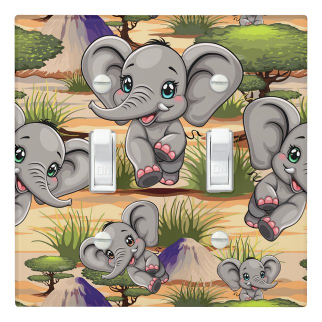Elephant Baby Jumping Happy in African Savannah Light Switch Cover (In Situ)