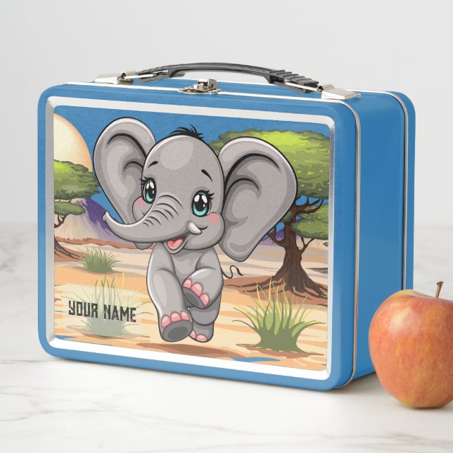 Elephant Baby Jumping Happy in African Savannah Metal Lunch Box (In Situ)