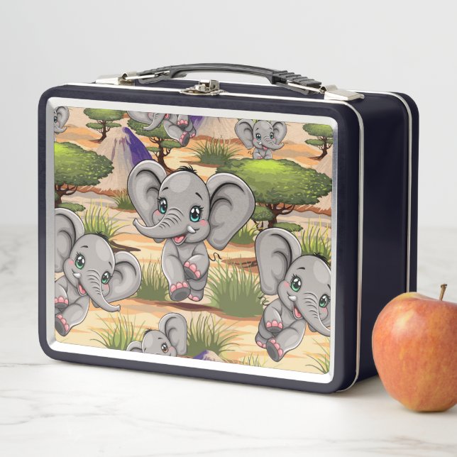 Elephant Baby Jumping Happy in African Savannah Metal Lunch Box (In Situ)