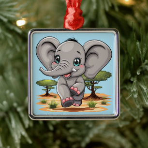 Elephant Baby Jumping Happy in African Savannah Metal Ornament
