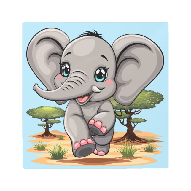 Elephant Baby Jumping Happy in African Savannah Metal Print (Front)