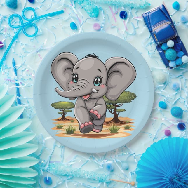 Elephant Baby Jumping Happy in African Savannah Paper Plates (Party)