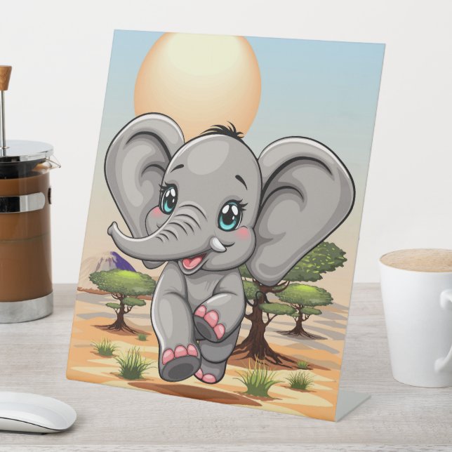Elephant Baby Jumping Happy in African Savannah Pedestal Sign (In SItu)