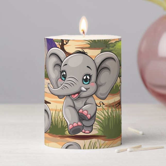 Elephant Baby Jumping Happy in African Savannah Pillar Candle (In Situ)