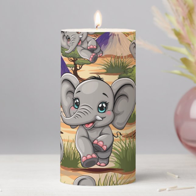 Elephant Baby Jumping Happy in African Savannah Pillar Candle (In Situ)