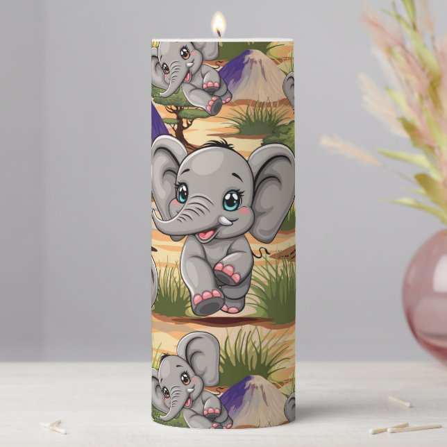 Elephant Baby Jumping Happy in African Savannah Pillar Candle (In Situ)
