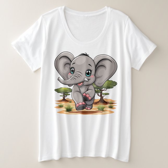 Elephant Baby Jumping Happy in African Savannah Plus Size T-Shirt (Design Front)