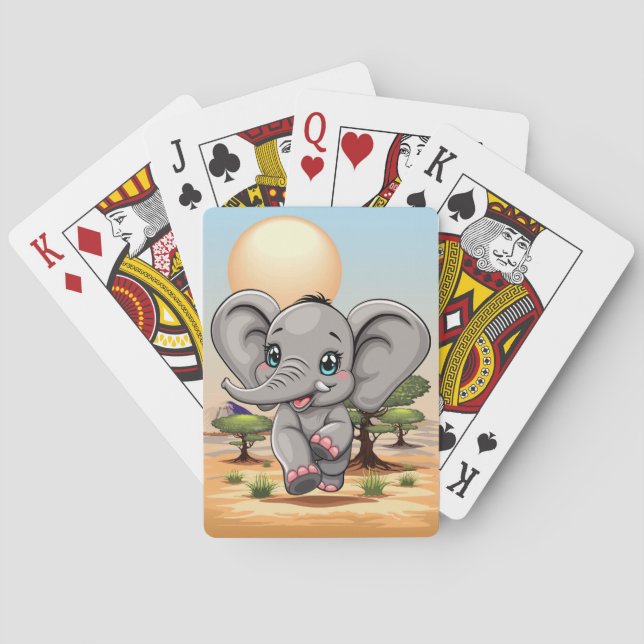 Elephant Baby Jumping Happy in African Savannah Poker Cards (Back)