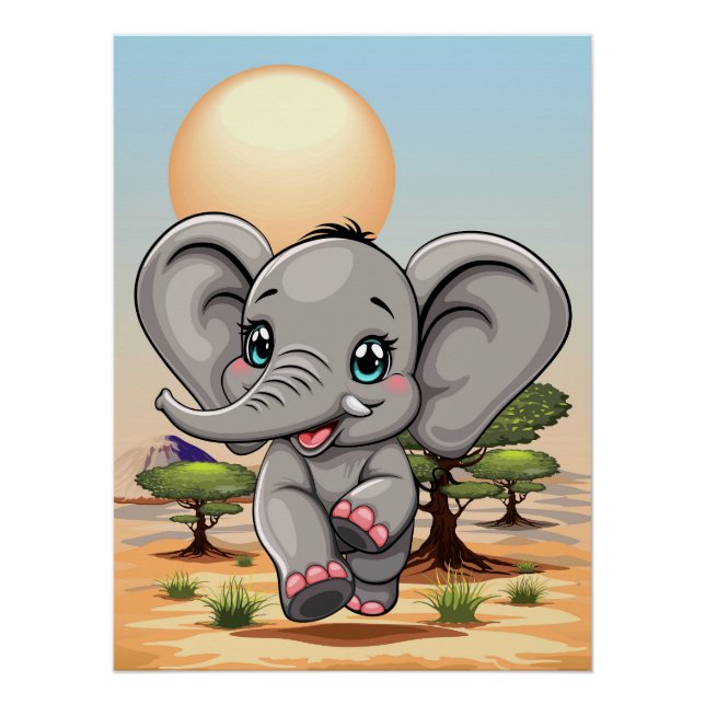 Elephant Baby Jumping Happy in African Savannah Poster (Front)