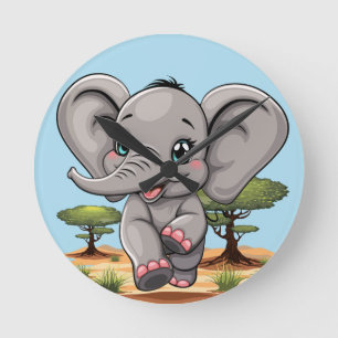 Elephant Baby Jumping Happy in African Savannah Round Clock