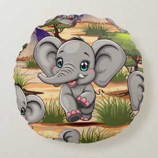 Elephant Baby Jumping Happy in African Savannah Round Pillow