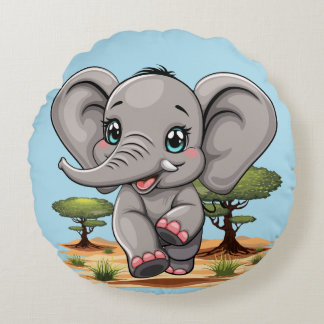 Elephant Baby Jumping Happy in African Savannah Round Pillow