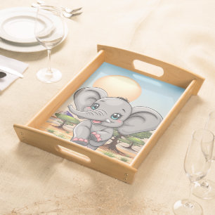 Elephant Baby Jumping Happy in African Savannah Serving Tray