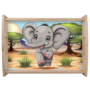 Elephant Baby Jumping Happy in African Savannah Serving Tray