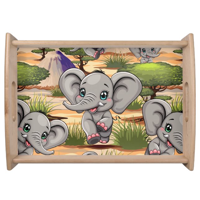 Elephant Baby Jumping Happy in African Savannah Serving Tray (Front)