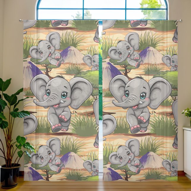 Elephant Baby Jumping Happy in African Savannah Sheer Curtains (Living Room)