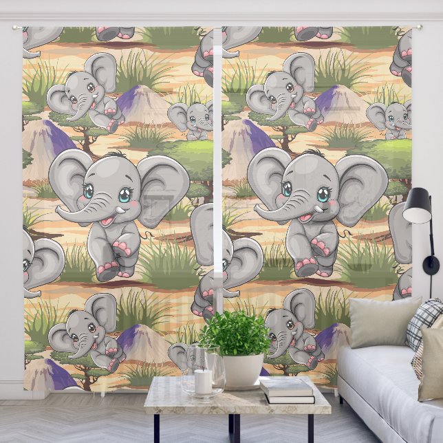 Elephant Baby Jumping Happy in African Savannah Sheer Curtains (Living Room)