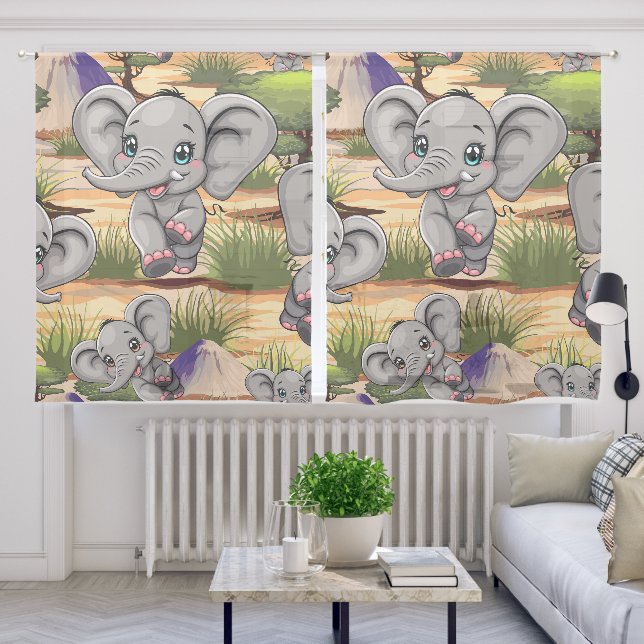Elephant Baby Jumping Happy in African Savannah Sheer Curtains (Living Room)