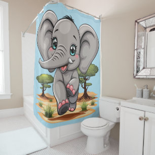 Elephant Baby Jumping Happy in African Savannah Shower Curtain