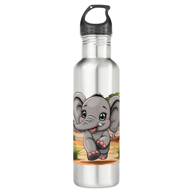 Elephant Baby Jumping Happy in African Savannah Stainless Steel Water Bottle (Front)