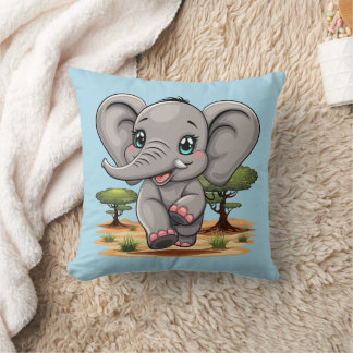 Elephant Baby Jumping Happy in African Savannah Throw Pillow