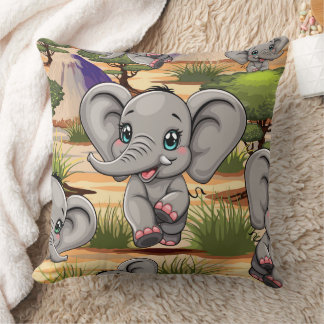 Elephant Baby Jumping Happy in African Savannah Throw Pillow