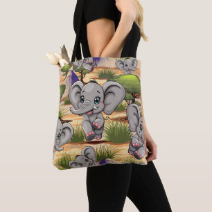 Elephant Baby Jumping Happy in African Savannah Tote Bag