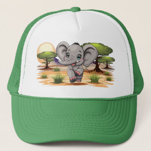 Elephant Baby Jumping Happy in African Savannah Trucker Hat