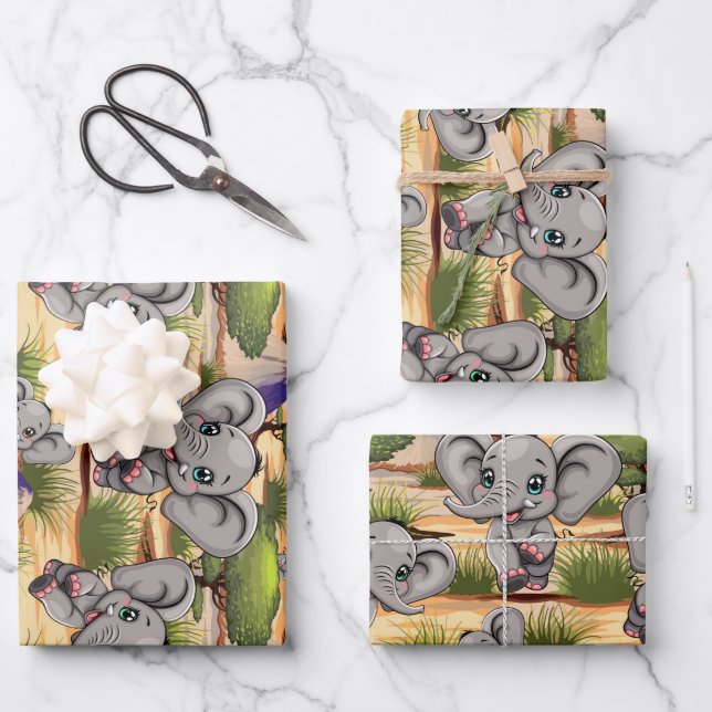 Elephant Baby Jumping Happy in African Savannah Wrapping Paper Sheets (Front)