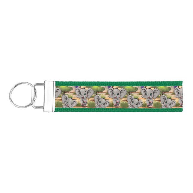 Elephant Baby Jumping Happy in African Savannah Wrist Keychain (Keys on Left)