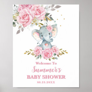 Elephant Baby Pink Floral Baby Shower Welcome Poster