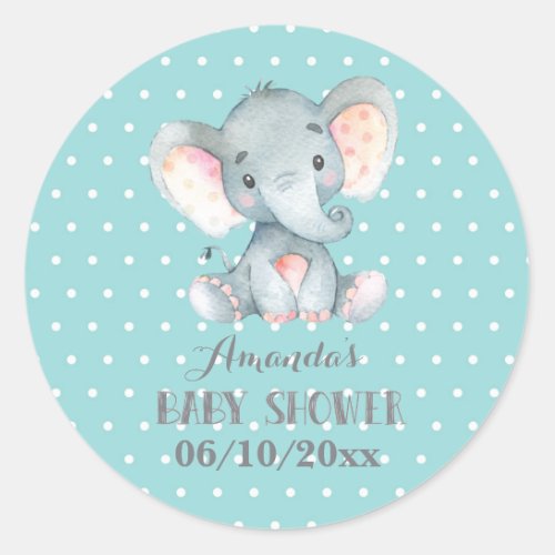 Elephant Baby Shower Aqua and Gray Classic Round Sticker
