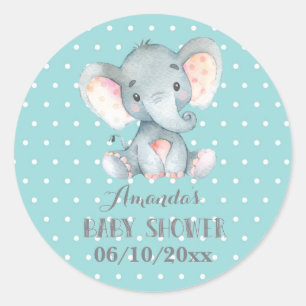 Elephant Baby Shower Aqua and Gray Classic Round Sticker