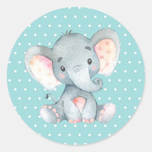 Elephant Baby Shower Aqua Classic Round Sticker