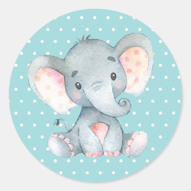 Elephant Baby Shower Aqua Classic Round Sticker (Front)