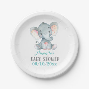 Elephant Baby Shower Aqua Paper Plate