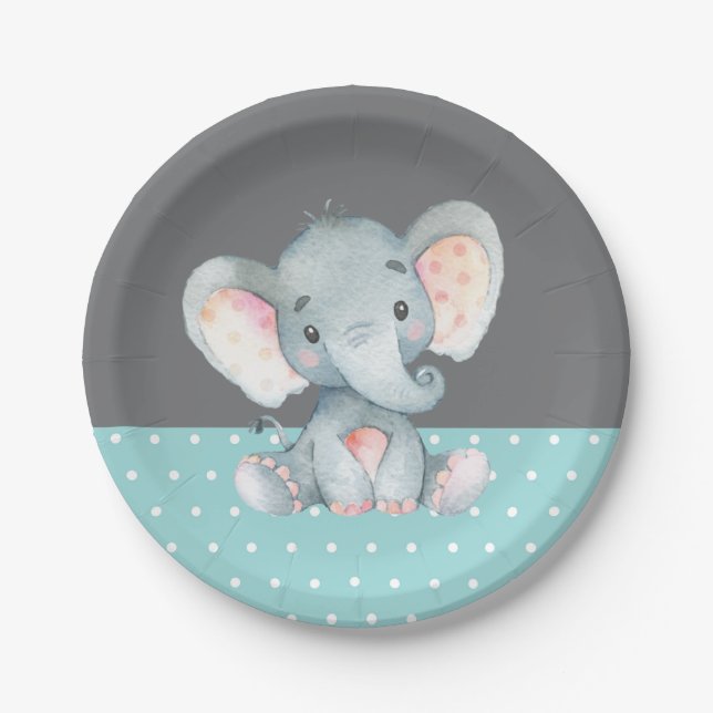 Elephant Baby Shower Aqua Teal Turquoise and Gray Paper Plates (Front)