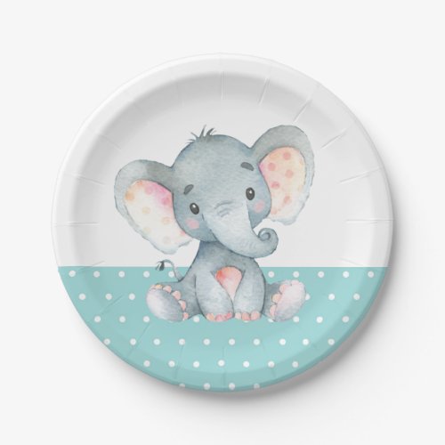 Elephant Baby Shower Aqua Teal Turquoise Paper Plates