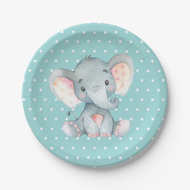 Elephant Baby Shower Aqua Teal Turquoise Paper Plates (Front)