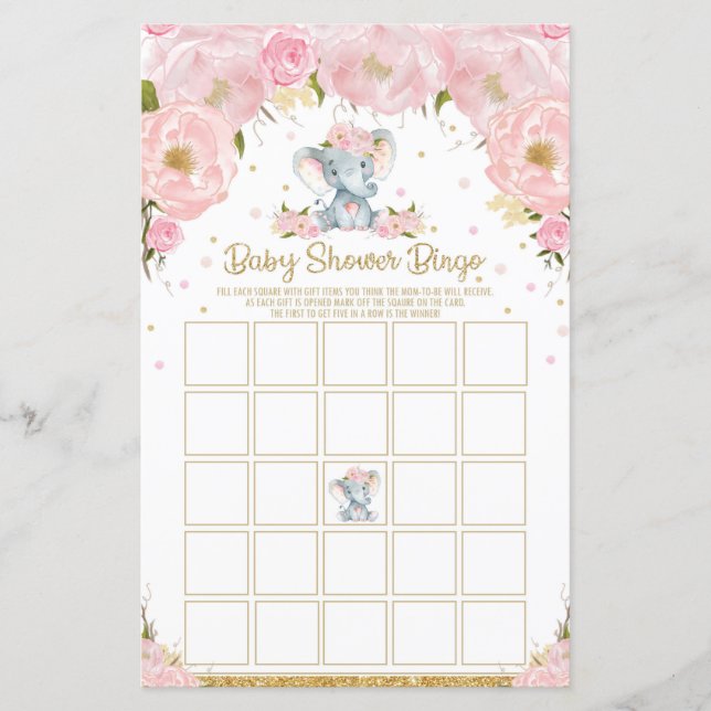 Elephant Baby Shower Bingo Game Activity Baby Girl (Front)