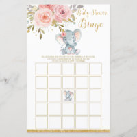 Elephant Baby Shower Bingo Game Activity Girl