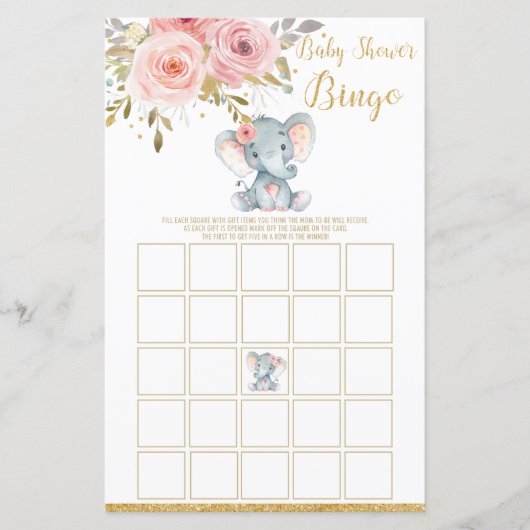 Elephant Baby Shower Bingo Game Activity Girl (Front)